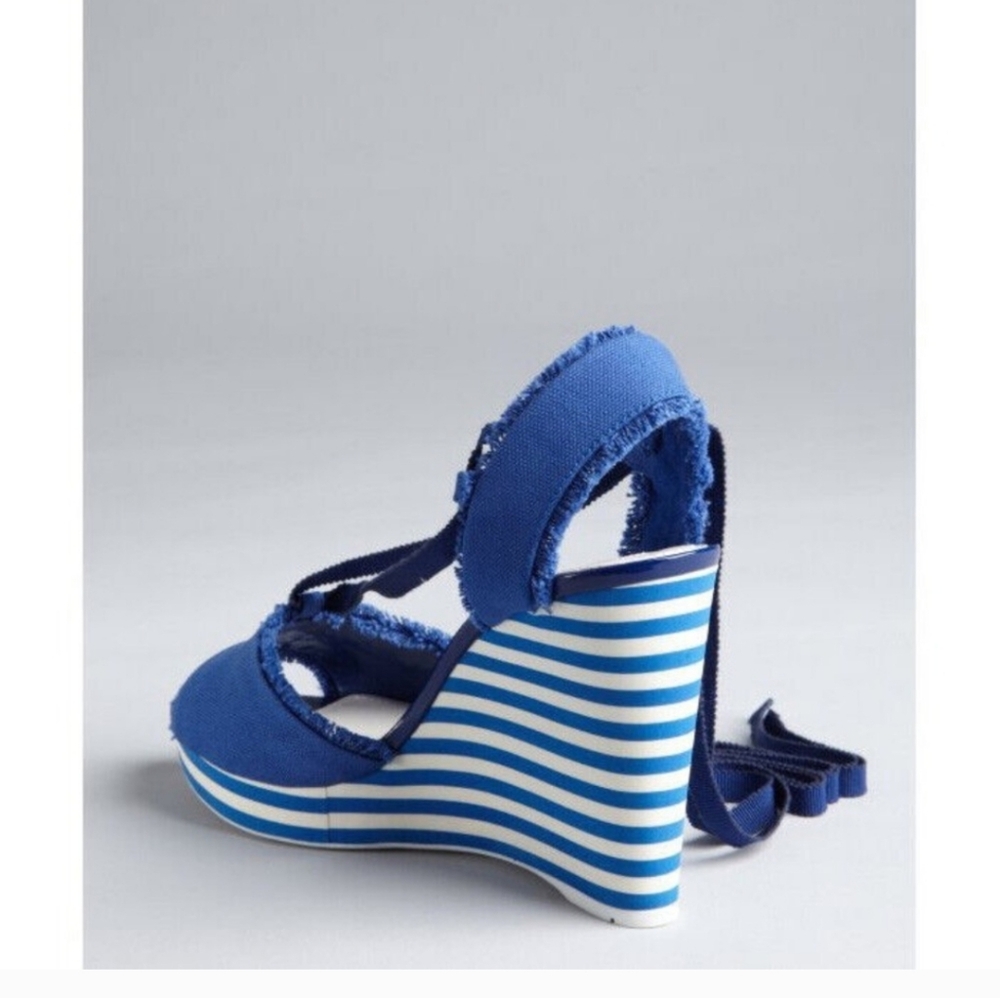PRADA Cloth Striped Cobalt Blue Canvas Ankle Lace Up Wedges Heels Sandals - Picture 3 of 4